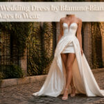 The Alora wedding dress features a high-low satin skirt and structured corset bodice.
