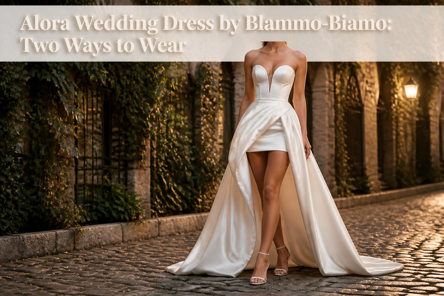 The Alora wedding dress features a high-low satin skirt and structured corset bodice.