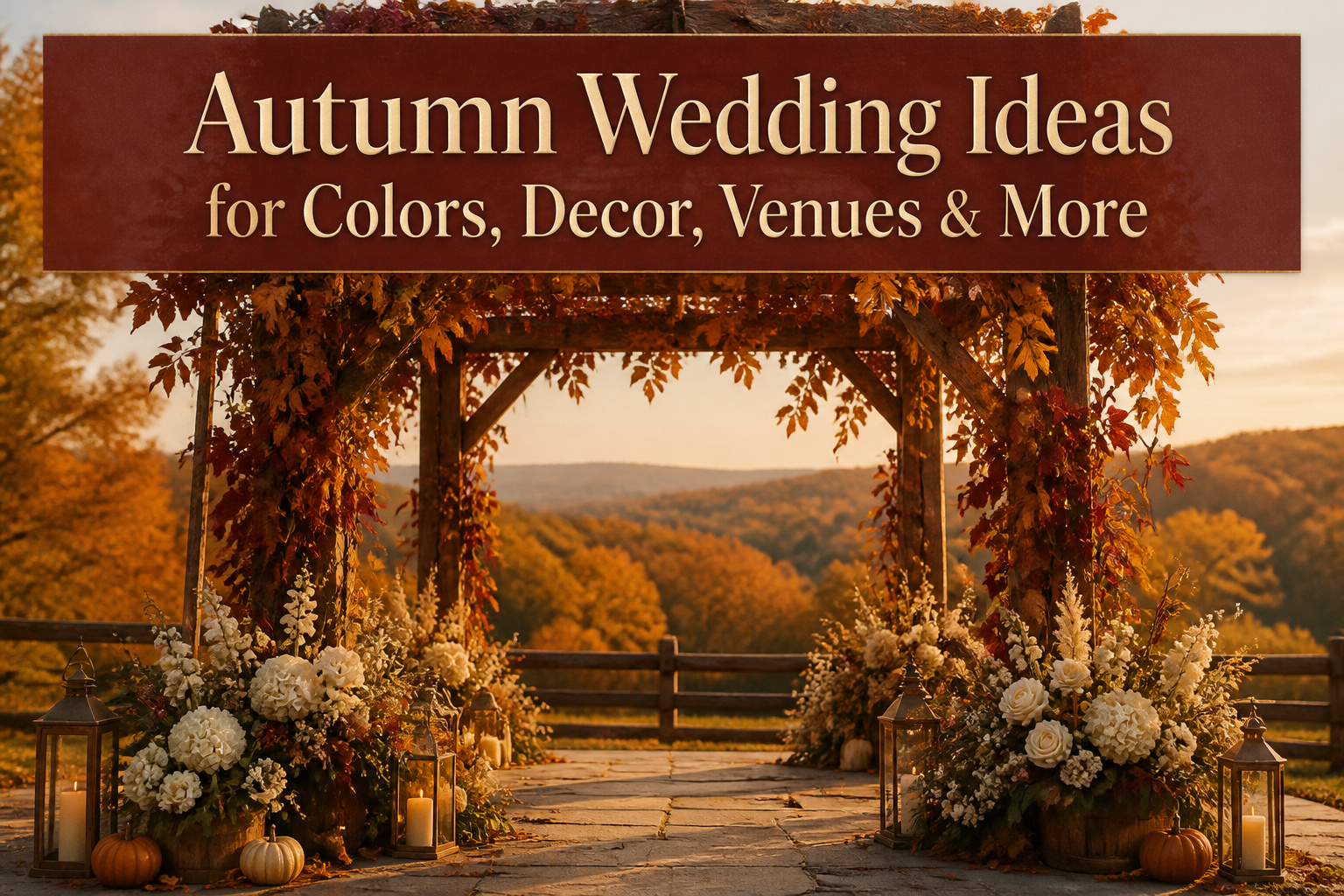 An autumn wedding scene featuring vibrant flowers and rustic decor.