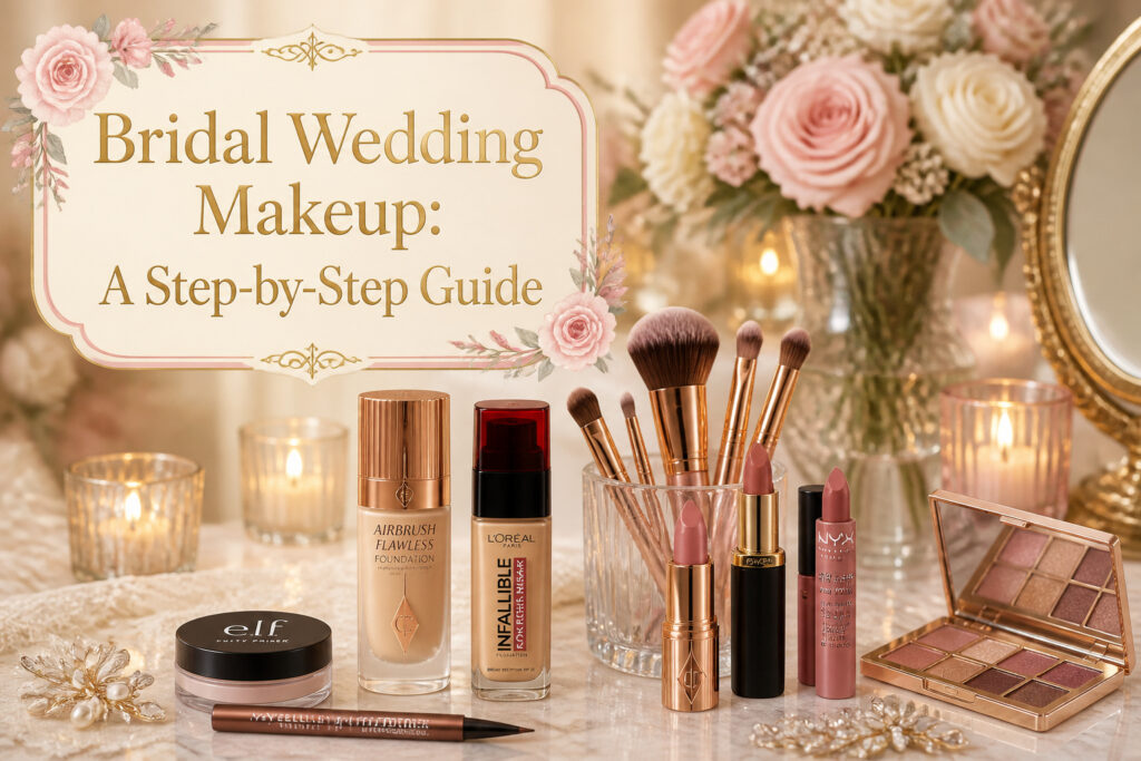Bridal makeup setup with soft lighting, floral arrangements, and makeup products.
