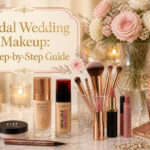 Bridal makeup setup with soft lighting, floral arrangements, and makeup products.