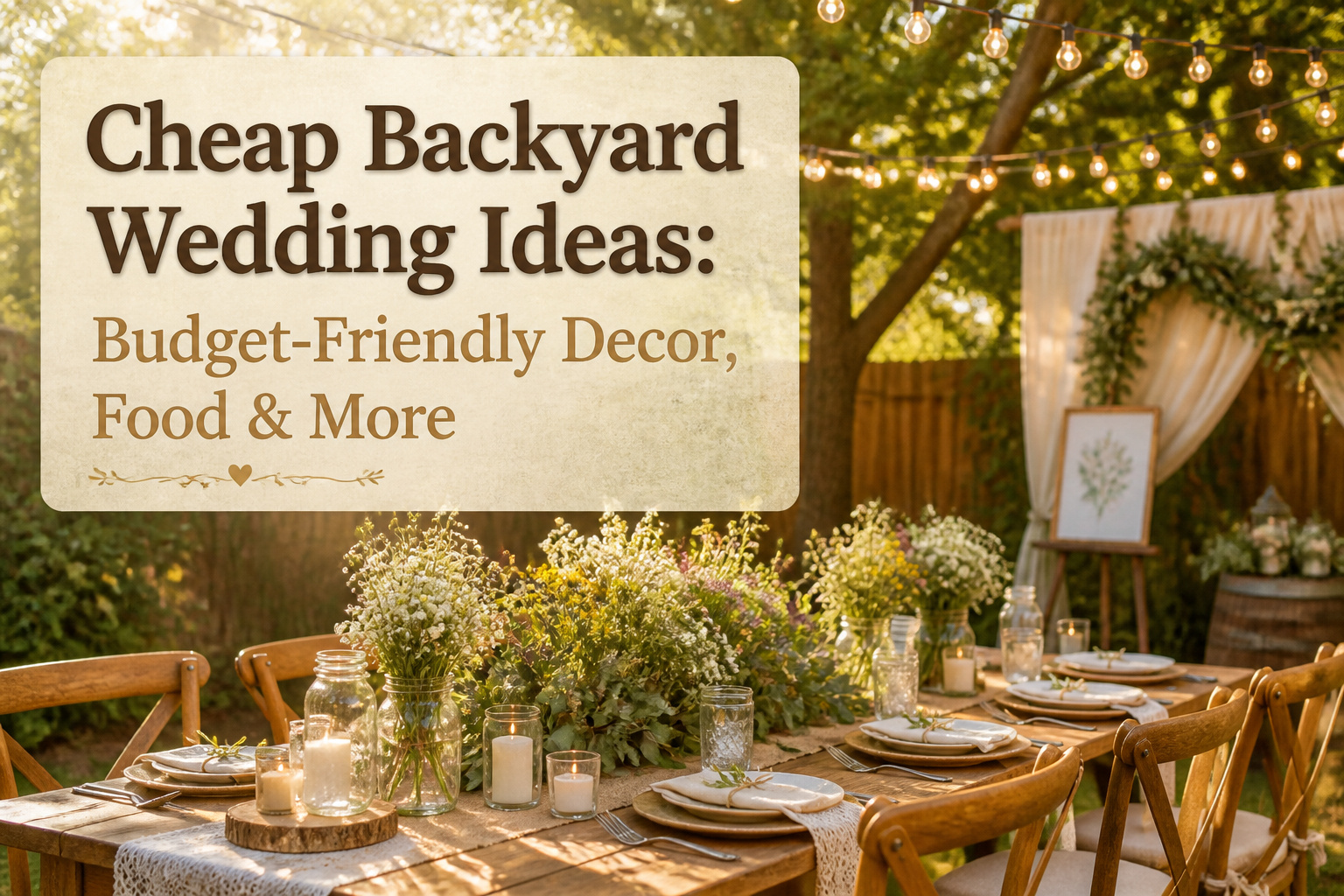 Backyard wedding with string lights, tables, and floral arrangements.