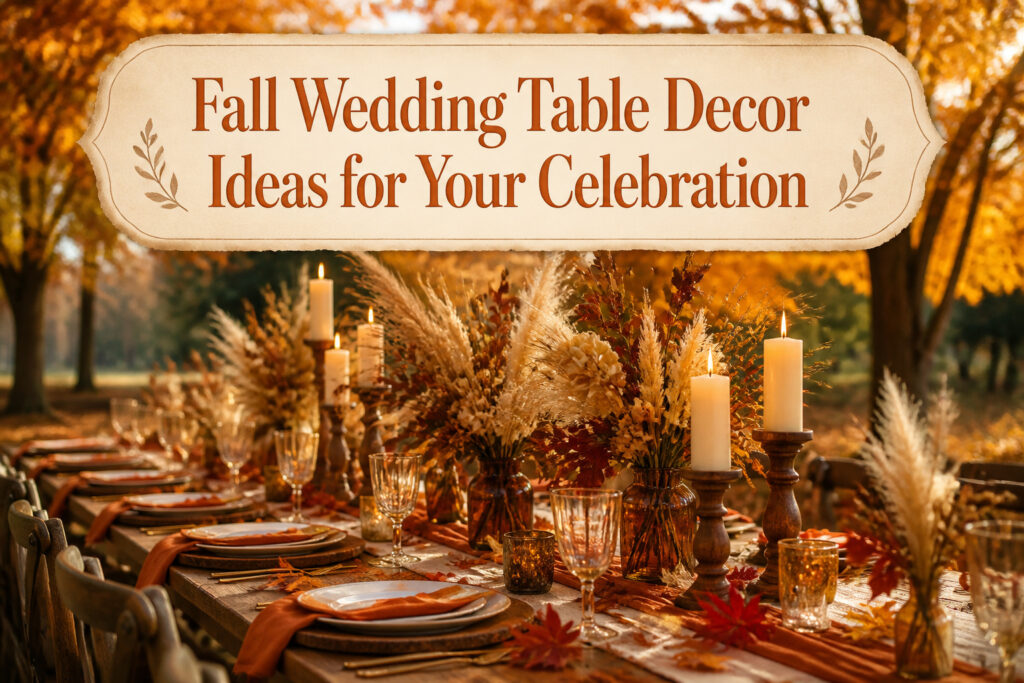 A decorated wedding table with fall-themed centerpieces and warm colors.