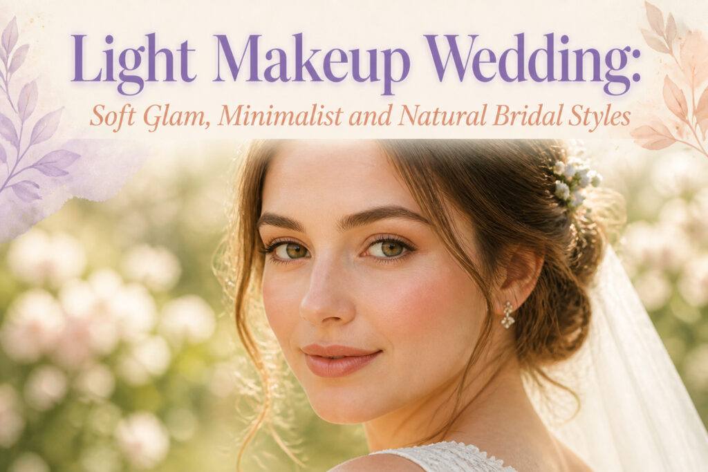 A bride with light wedding makeup in a soft, natural setting.