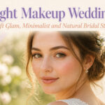 A bride with light wedding makeup in a soft, natural setting.