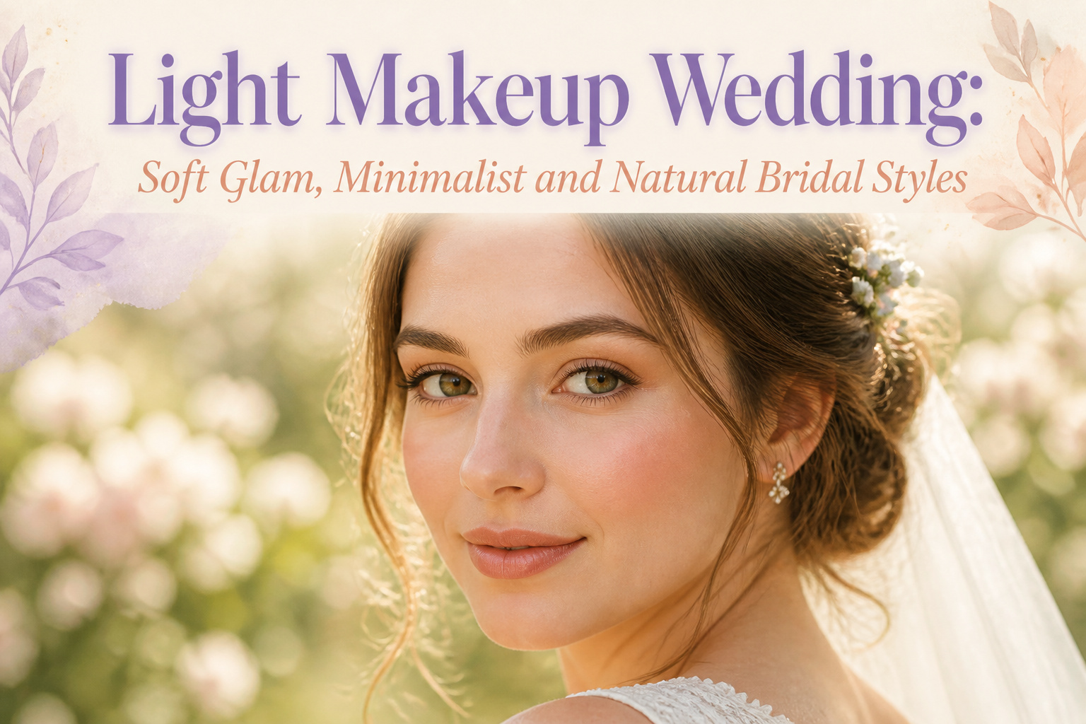 A bride with light wedding makeup in a soft, natural setting.