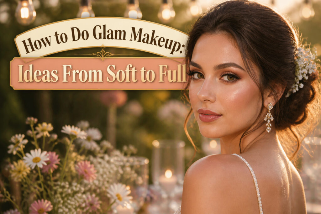 A collage of different glam makeup styles.