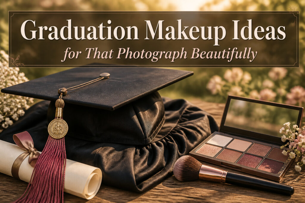 A graduate smiling while showcasing her graduation makeup.