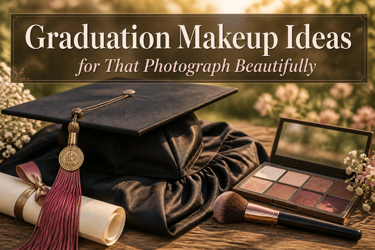 A graduate smiling while showcasing her graduation makeup.