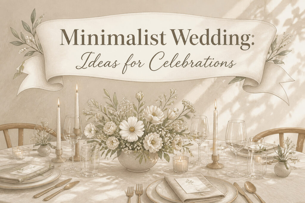 Minimalist wedding decor featuring simple table settings and soft lighting.