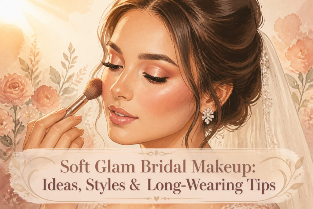 Bride with soft glam makeup featuring radiant skin and gentle colors.