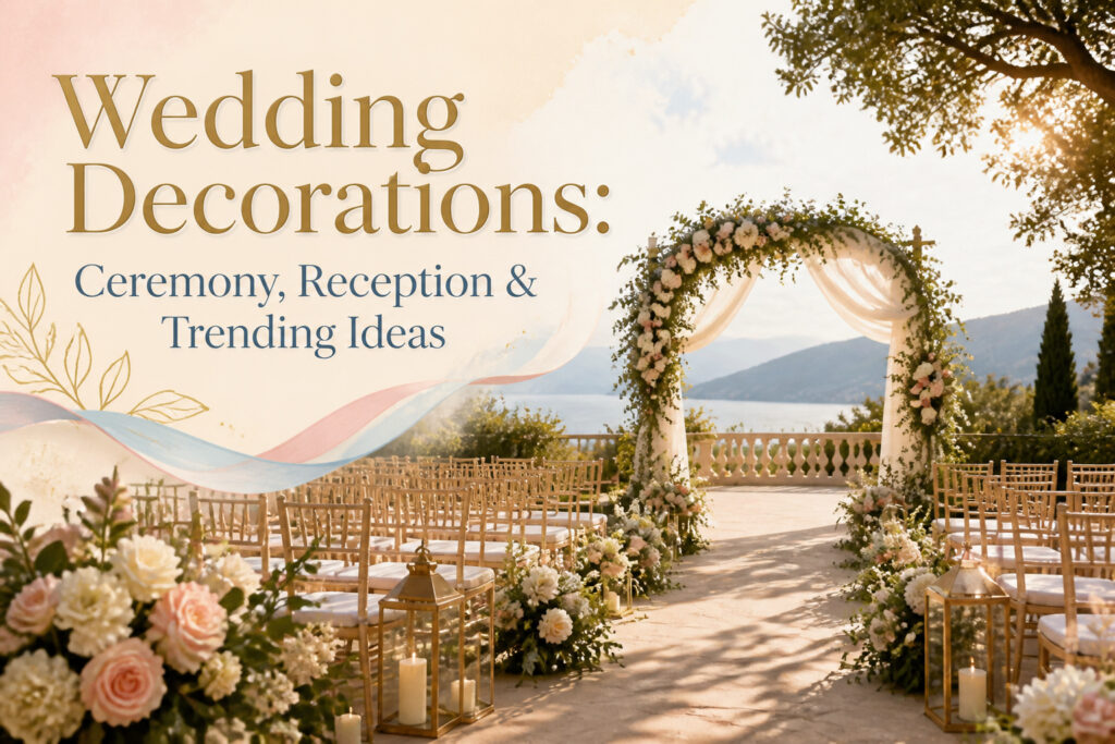 A wedding setup featuring decorations, flowers, and seating arrangements.