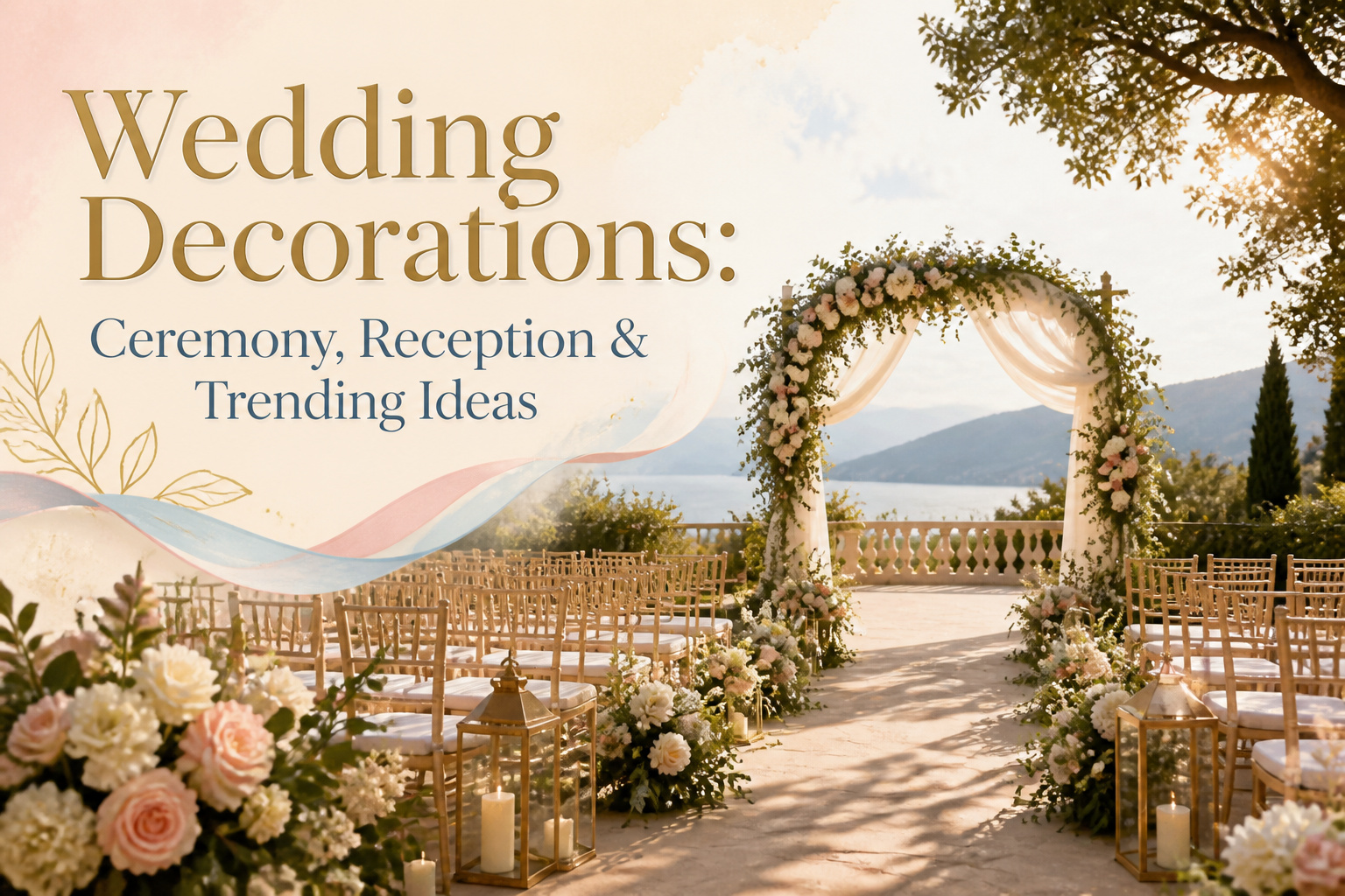 A wedding setup featuring decorations, flowers, and seating arrangements.
