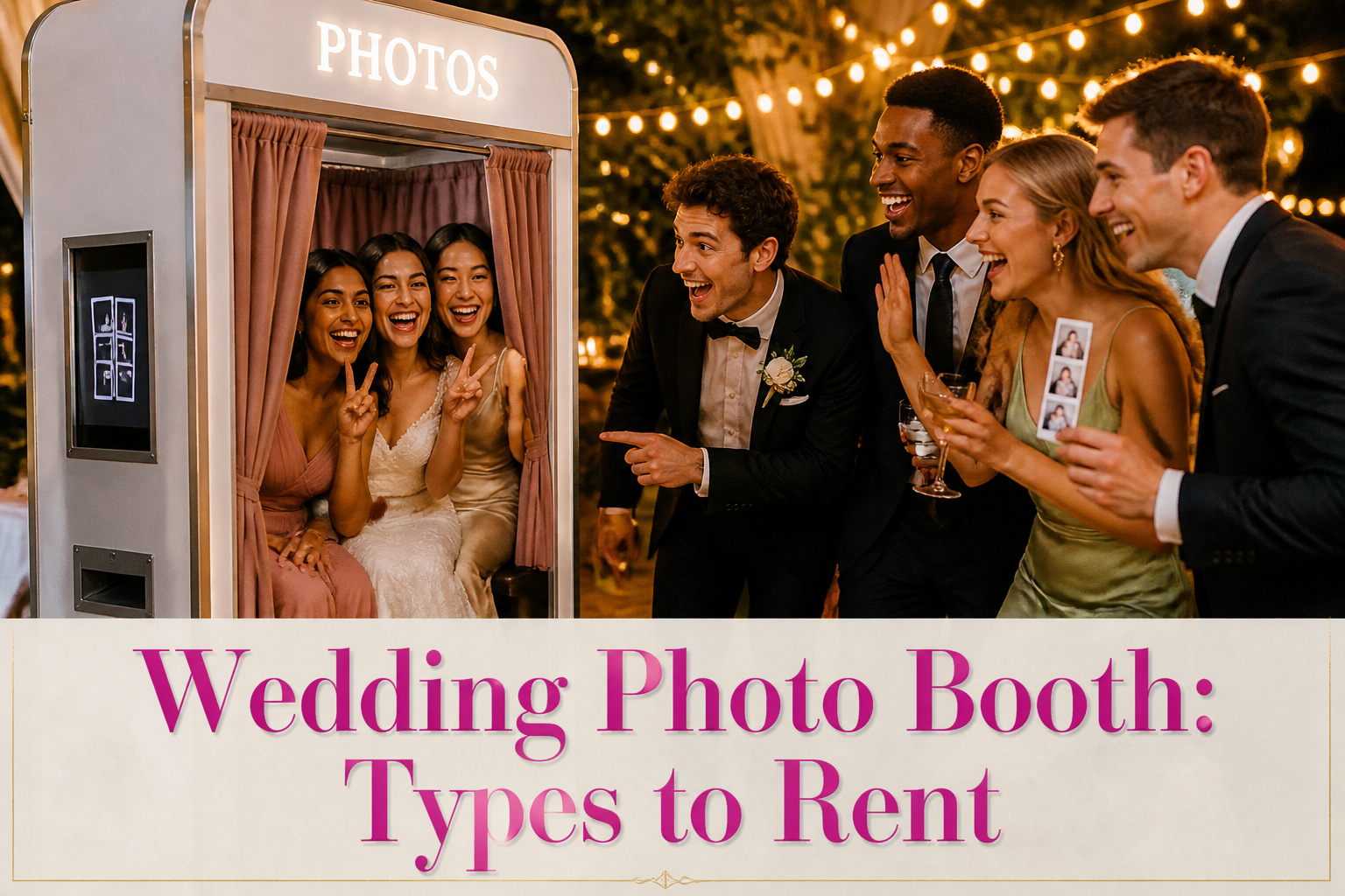 A wedding photo booth featuring floral decorations and a custom backdrop.