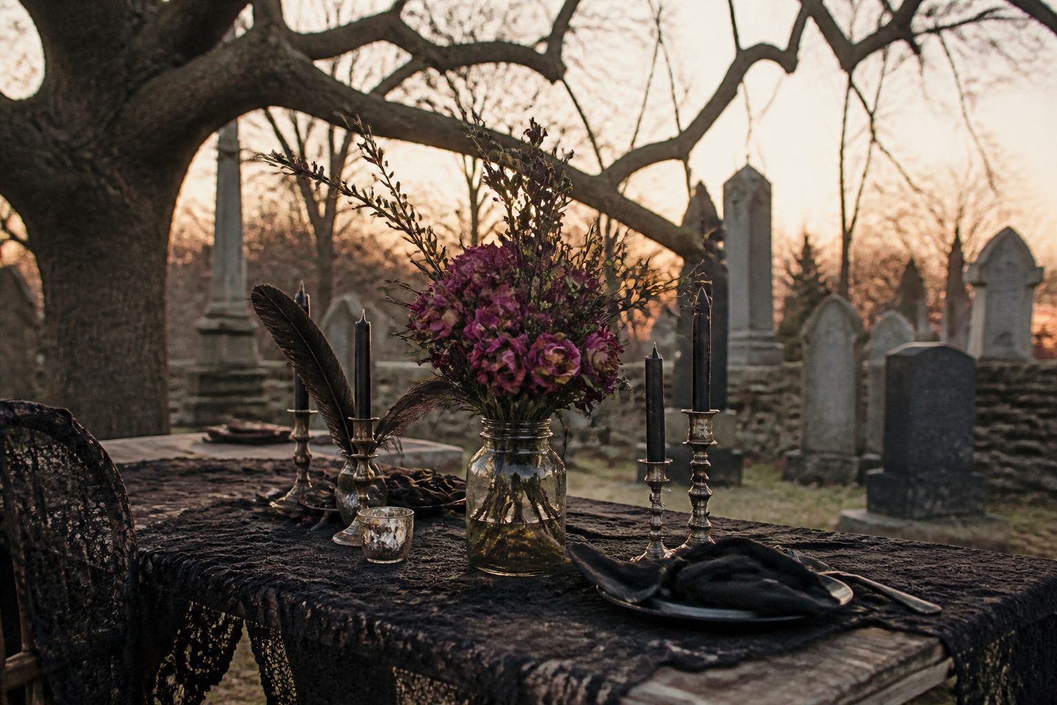 A gothic wedding setup with dark attire and decor elements.
