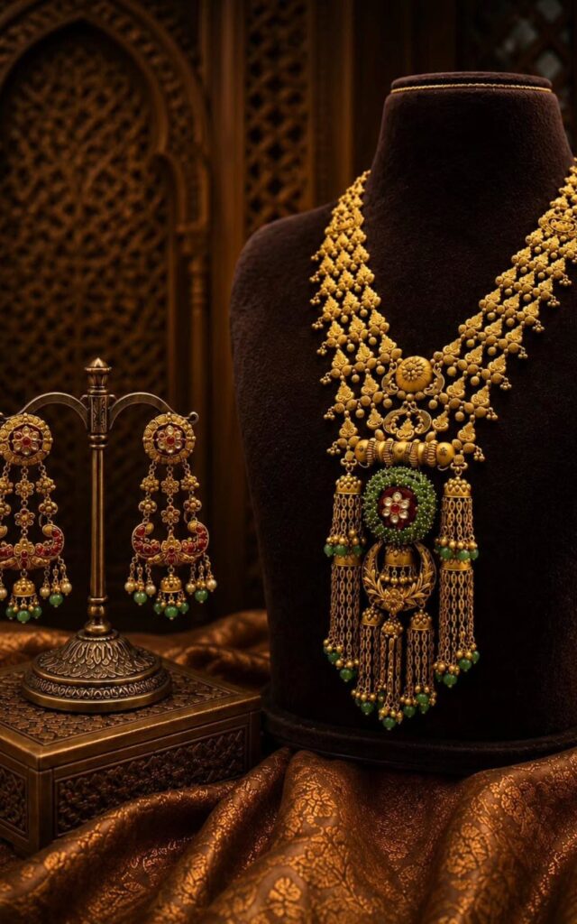 Ornate gold necklace with green gemstones displayed on a dark bust next to matching earrings.