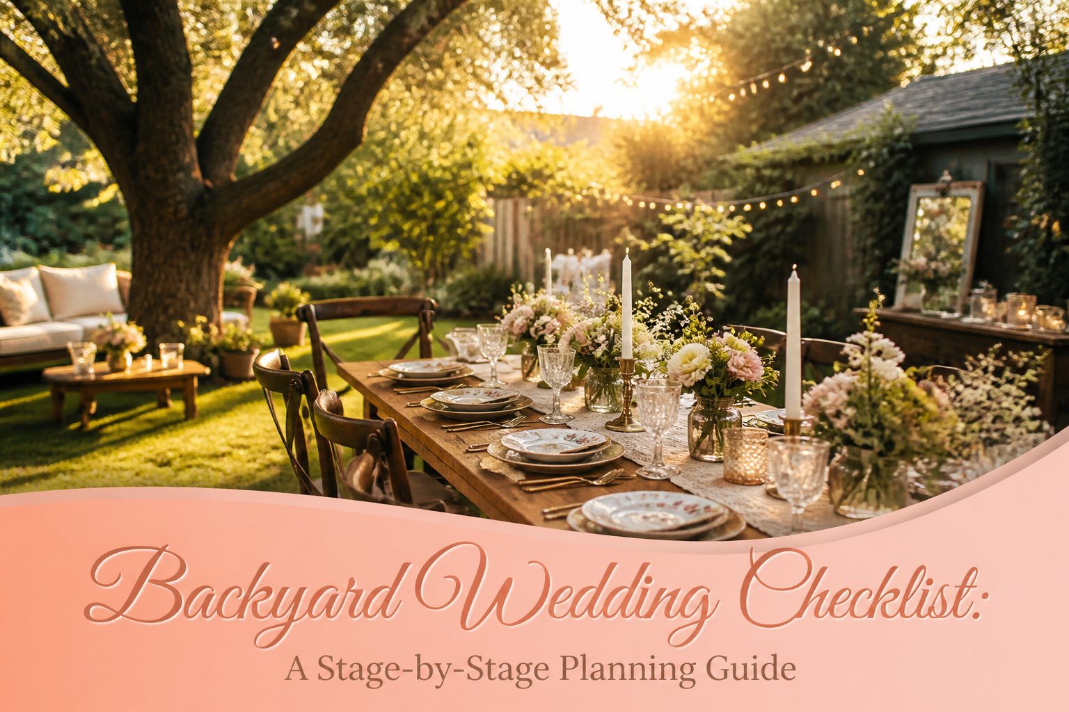 A backyard wedding scene with chairs, decorations, and an outdoor setting.