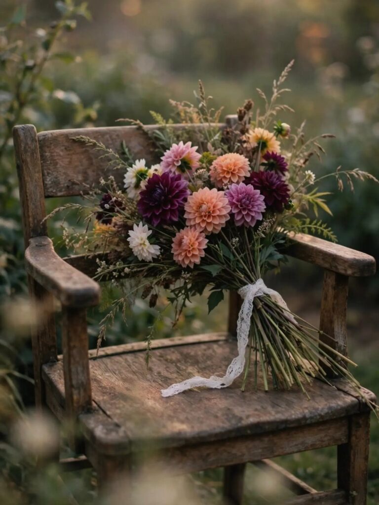 A colorful boho wedding bouquet with dahlias and lace ribbon resting on a rustic wooden chair.