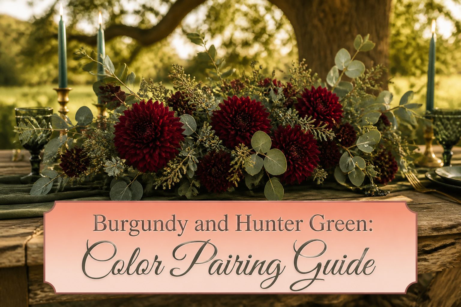 A wedding scene featuring burgundy and hunter green decorations.