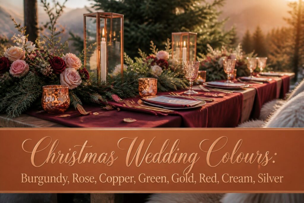 Various Christmas wedding colors including burgundy, rose, copper, and gold.