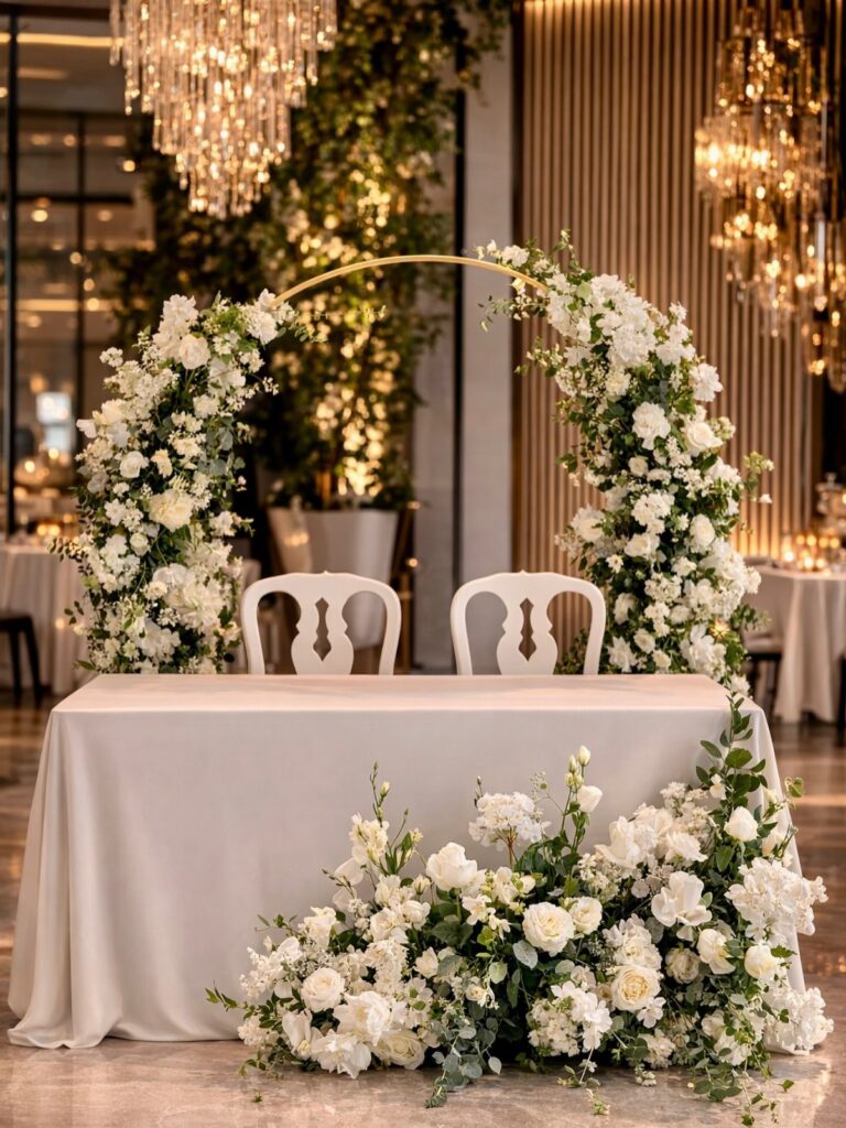 White floral arrangements decorating a sweetheart table with a gold arch and two white chairs.