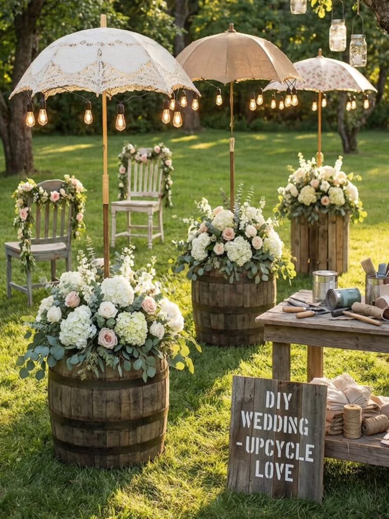 Rustic wedding decor with lace umbrellas, floral barrels, and wooden furniture on a sunny lawn.