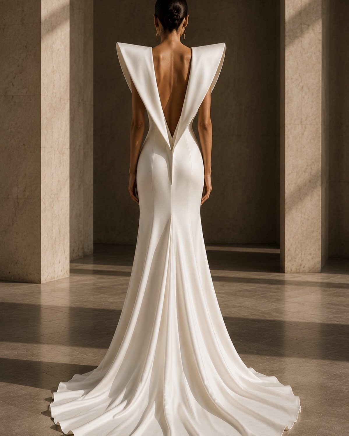 Woman in a white sculptural wedding dress with architectural shoulders and a long train.