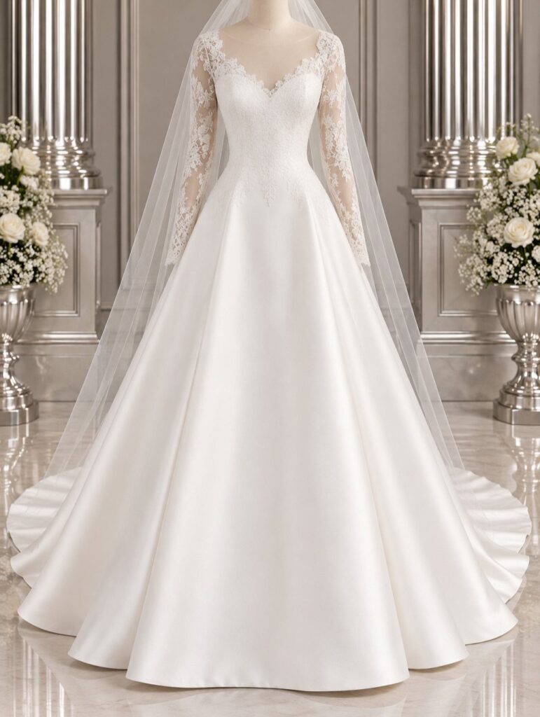 A white satin A-line wedding dress with lace sleeves and a sweetheart neckline on a mannequin.