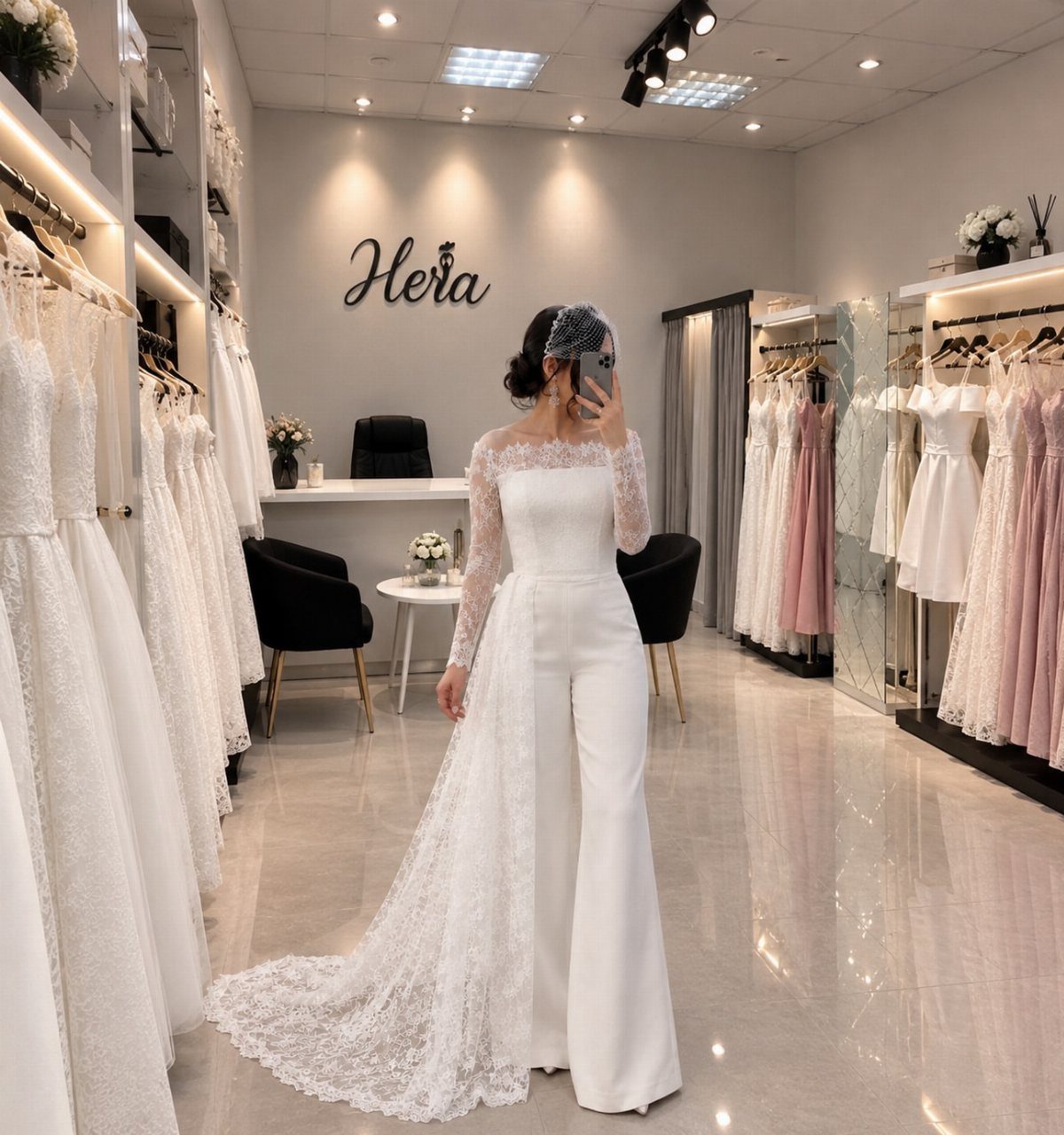 Woman wearing a white lace bridal jumpsuit with a long train in a wedding boutique.