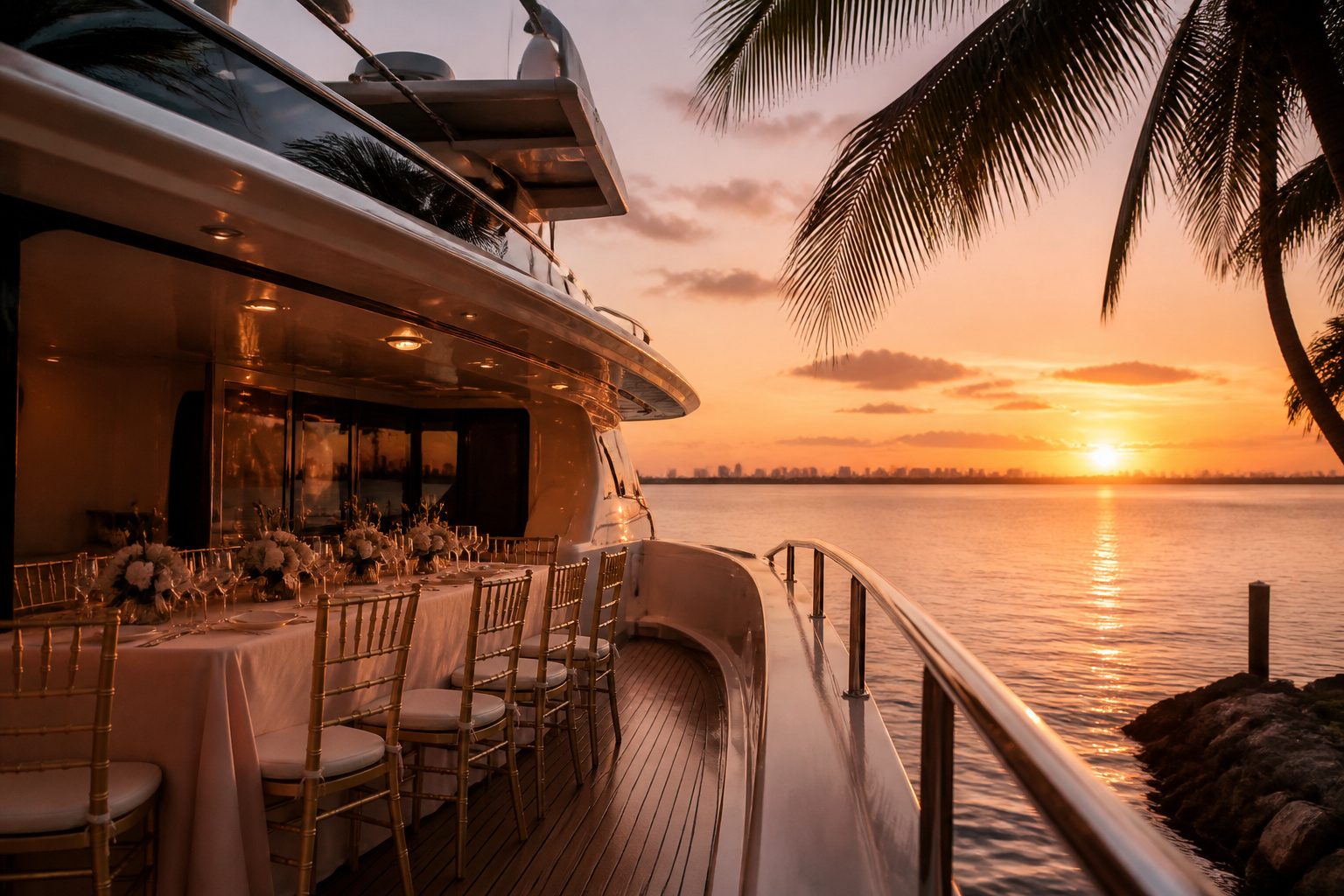 A wedding setup on a yacht featuring floral decorations and seating.