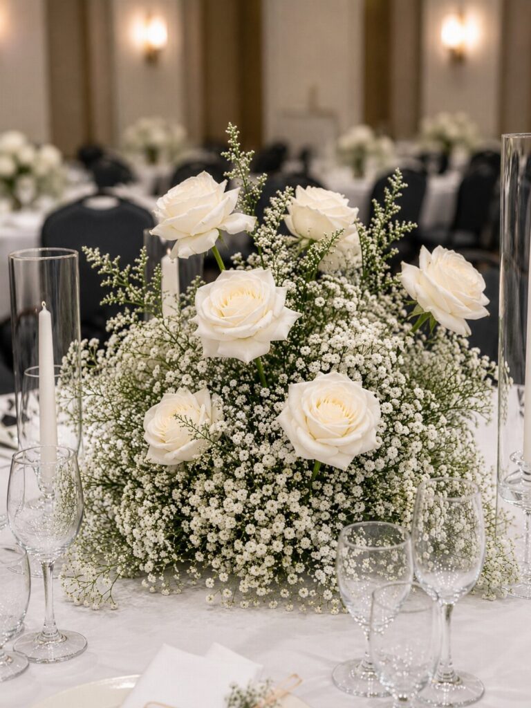 White roses and baby's breath arranged in a large floral centerpiece on a banquet table.